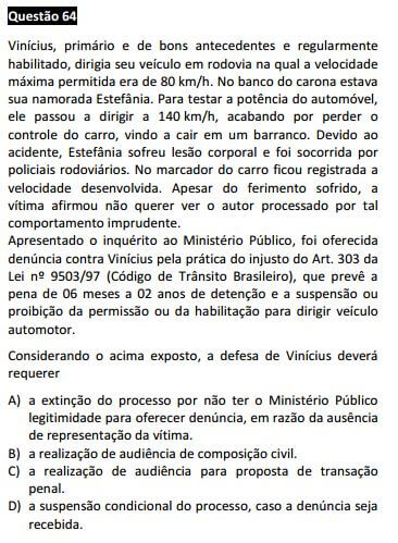 Questão 64 da Prova Branca - Direito Penal - Passível Anulação - 1ª fase do XVIII Exame de Ordem