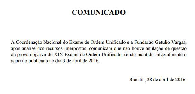 Nenhuma questão anulada no XIX Exame de Ordem