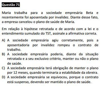 Questão 71 da Prova Branca - Direito do Trabalho - Deve ter gabarito Retificado - 1ª fase do XIX Exame de Ordem