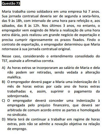 Questão 73 da Prova Branca - Direito do Trabalho - Deve ter gabarito Retificado - 1ª fase do XIX Exame de Ordem