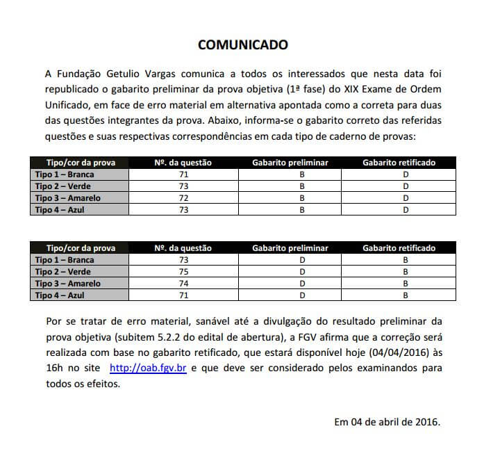 Retificação gabarito Preliminar - 1ª Fase - XIX Exame de Ordem