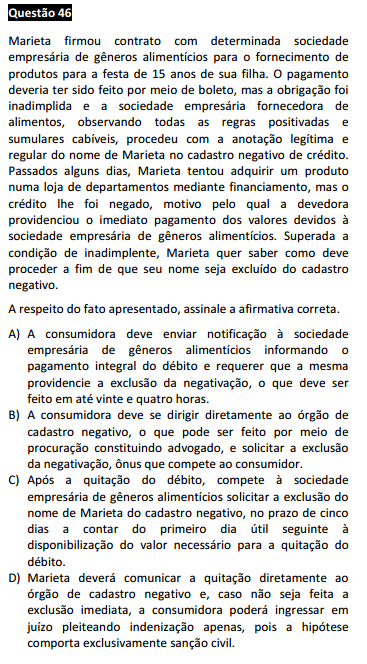 Questão 46 da Prova Branca - Direito do Consumidor - Passível Anulação - 1ª fase do XX Exame de Ordem