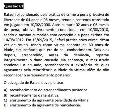 Questão 61 da Prova Branca - Direito Penal - Passível Anulação - 1ª fase do XX Exame de Ordem