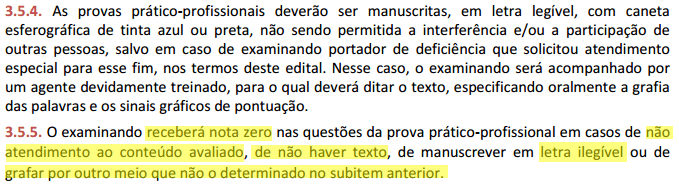 2ª Fase OAB: resultar na atribuição de nota ZERO na peça: Letra ilegível, questão em branco e cor da caneta