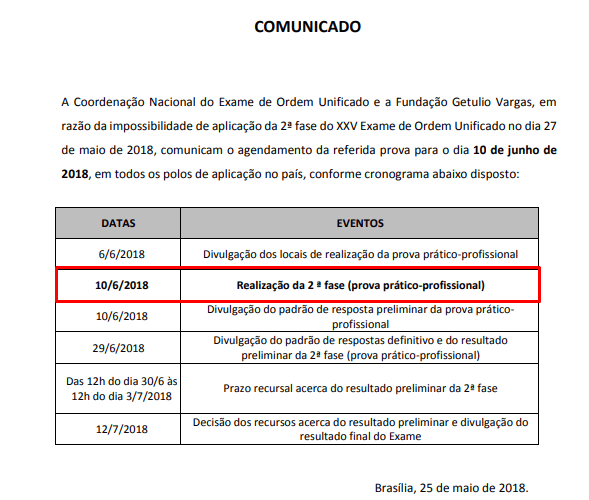 Nova Data da 2ª Fase XXV Exame