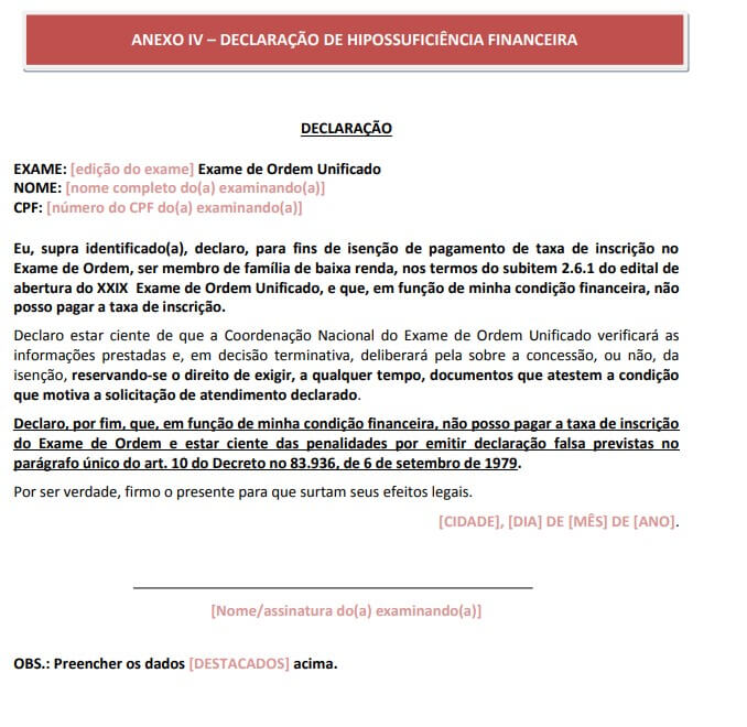 Declaração de Hipossuficiência para solicitação de isenção da taxa de inscrição